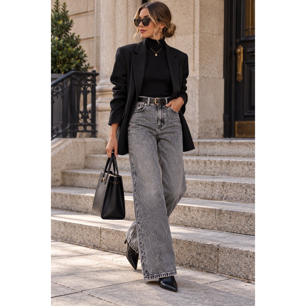 H&M Divided Bleecker High Rise Wide Leg Jeans Gray Acid Wash Size 4